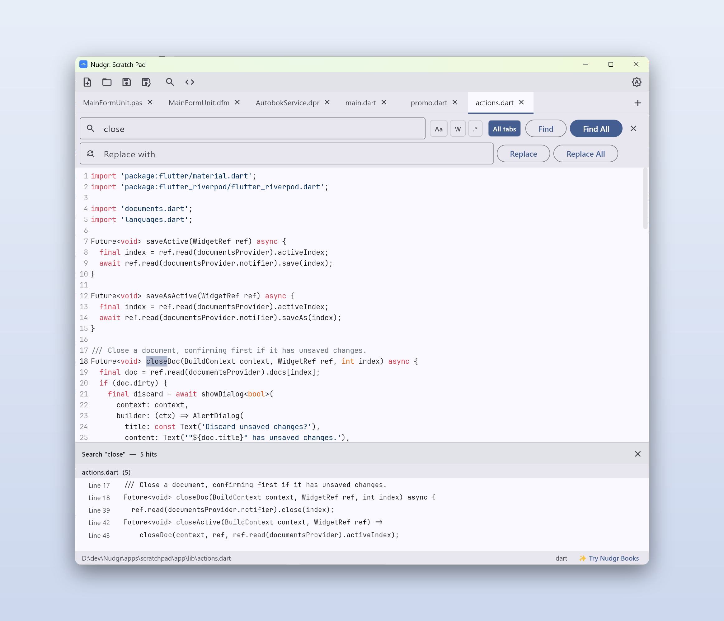 Nudgr Scratch Pad in light mode with syntax-highlighted code across tabs